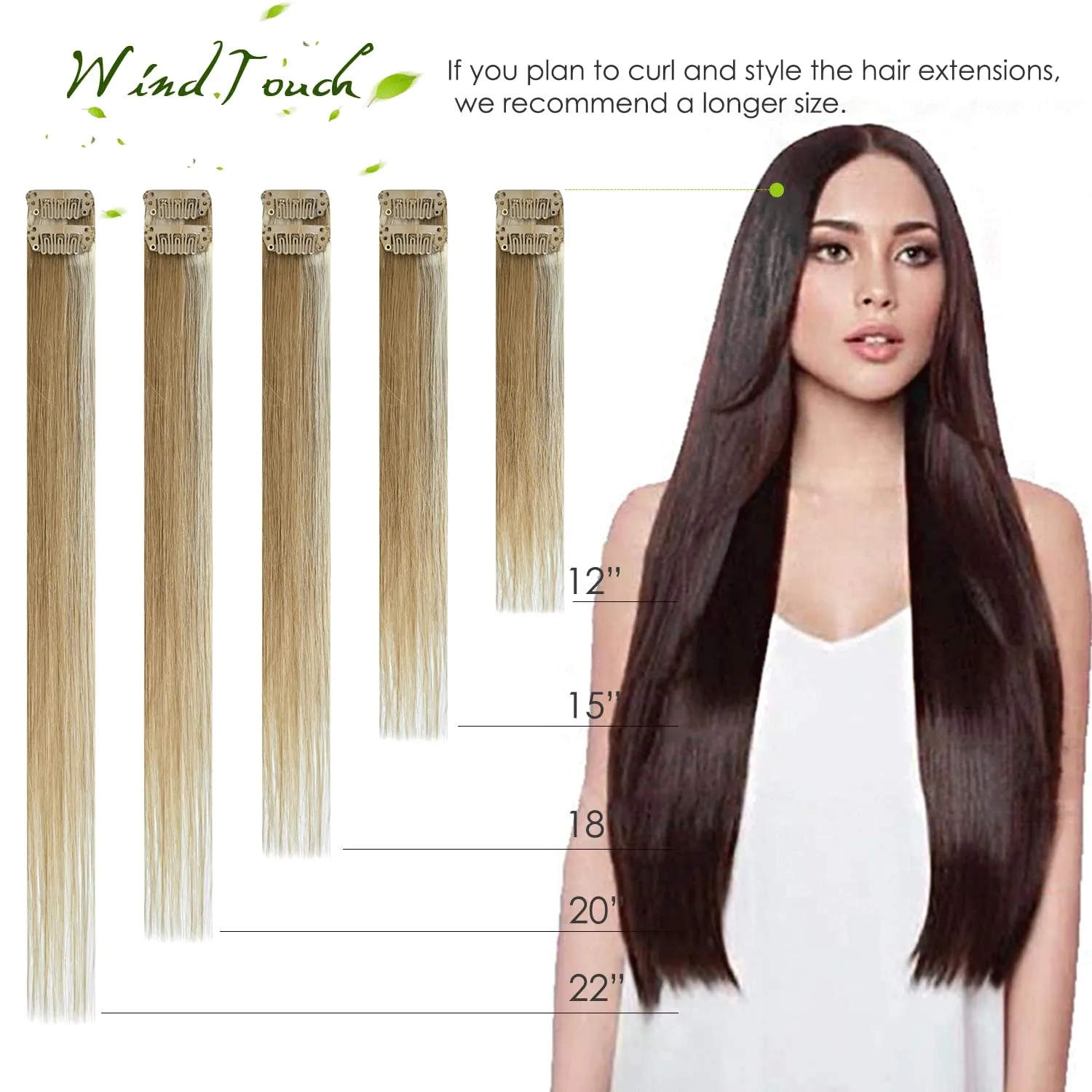 WindTouch Clip In Hair Extensions Human Hair Balayage Natural Black to Chestnut Brown 18Inch 75g #1BT6P1B 7PCS