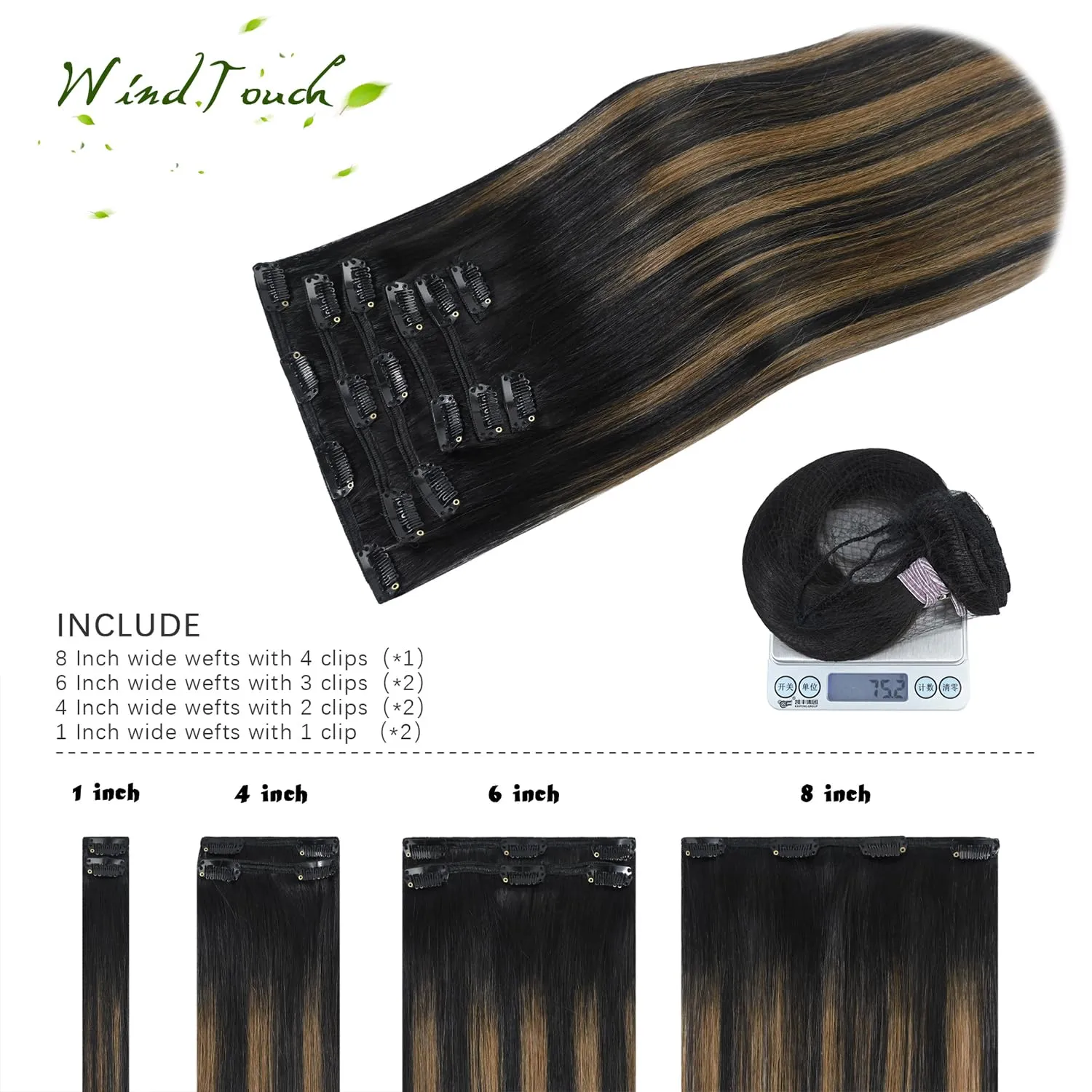 WindTouch Clip In Hair Extensions Human Hair Balayage Natural Black to Chestnut Brown 18Inch 75g #1BT6P1B 7PCS