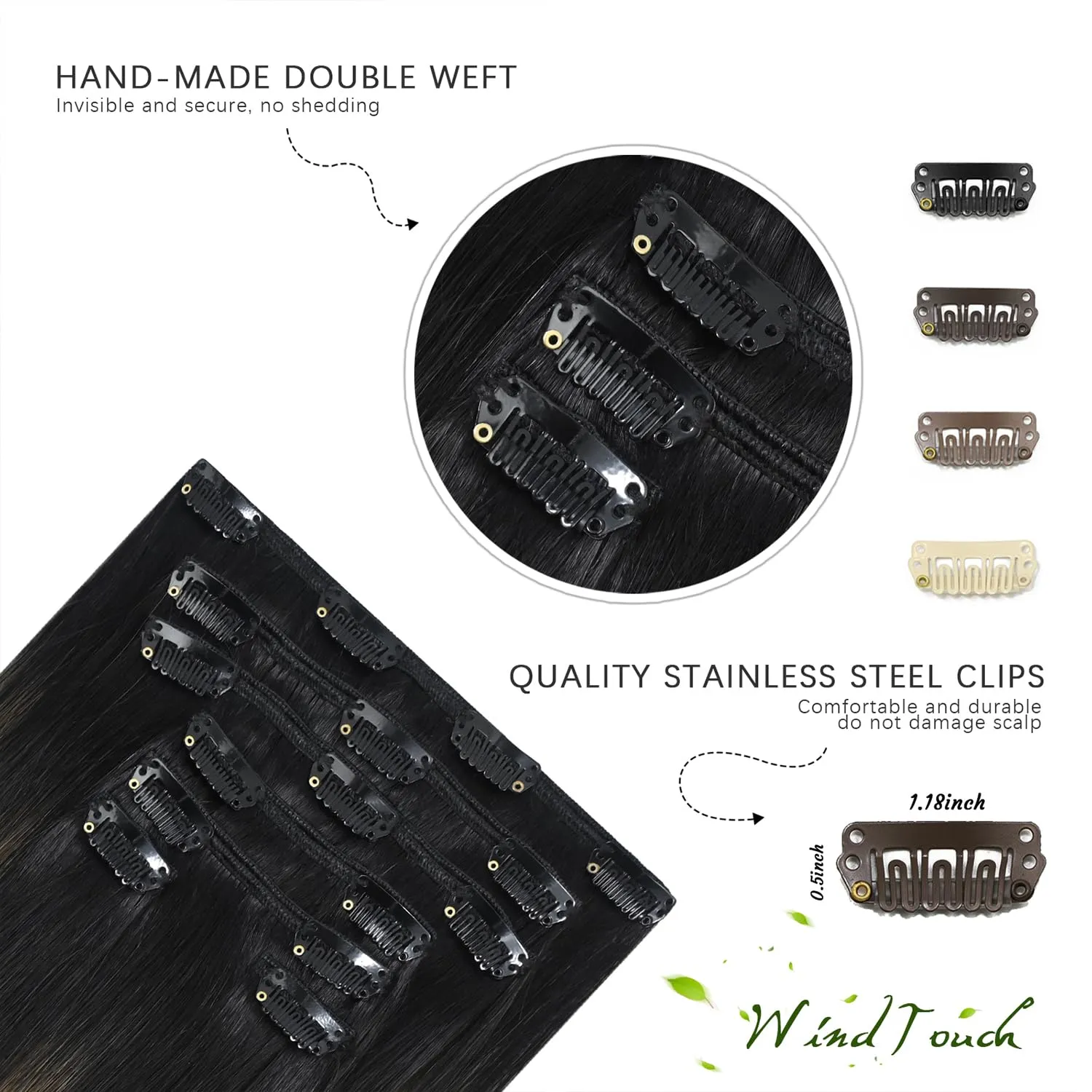 WindTouch Clip In Hair Extensions Human Hair Balayage Natural Black to Chestnut Brown 18Inch 75g #1BT6P1B 7PCS