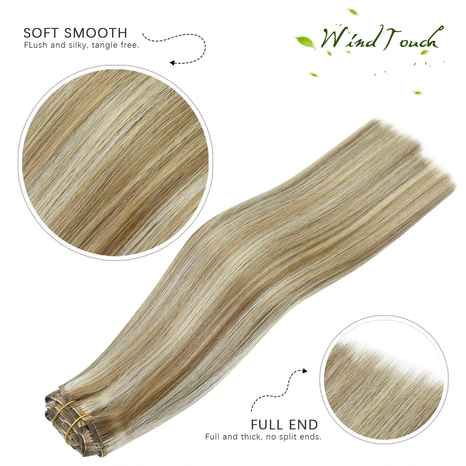 WindTouch Clip in Hair Extensions Human Hair Mixed Bleach Blonde 12Inch 75g Highlights for Blonde 7PCS #18P613