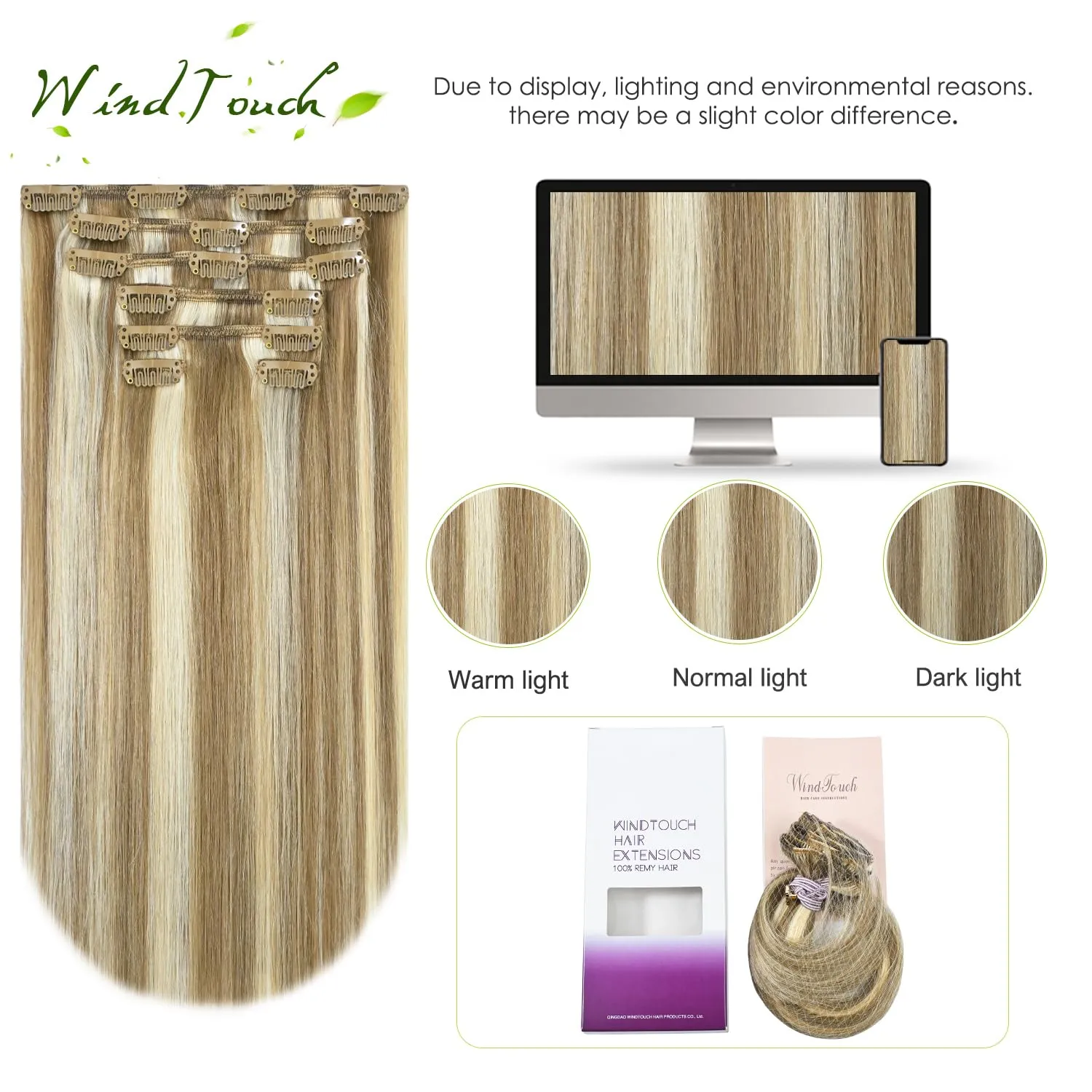WindTouch Clip in Hair Extensions Human Hair Mixed Bleach Blonde 12Inch 75g Highlights for Blonde 7PCS #18P613