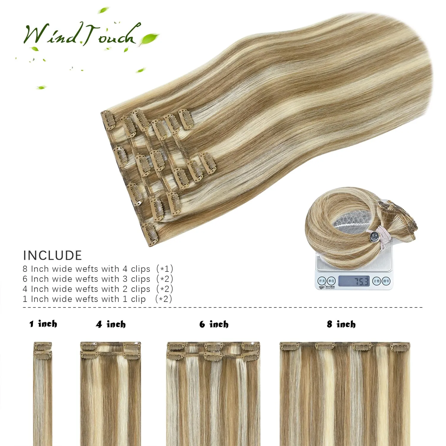 WindTouch Clip in Hair Extensions Human Hair Mixed Bleach Blonde 12Inch 75g Highlights for Blonde 7PCS #18P613