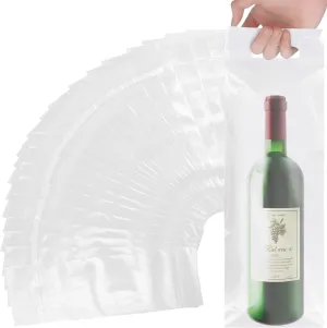 Wine Bags with Handles - 100 Pack - Clear Plastic To Go Bags - Great for Restaurants, Bars, Travel, and Housewarming Gifts - Fits 25 oz Bottles - Tamper Proof Seal