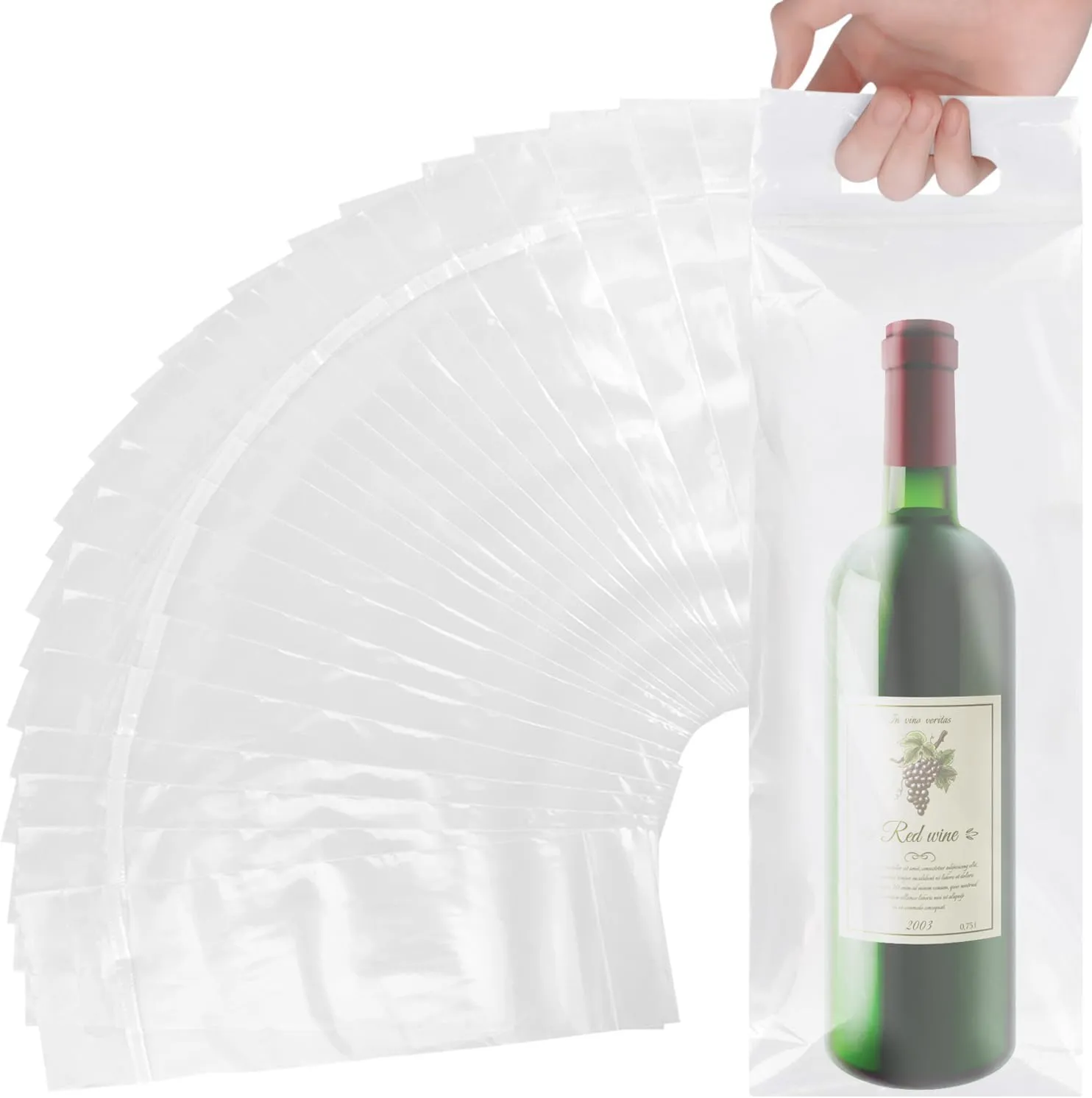 Wine Bags with Handles - 100 Pack - Clear Plastic To Go Bags - Great for Restaurants, Bars, Travel, and Housewarming Gifts - Fits 25 oz Bottles - Tamper Proof Seal
