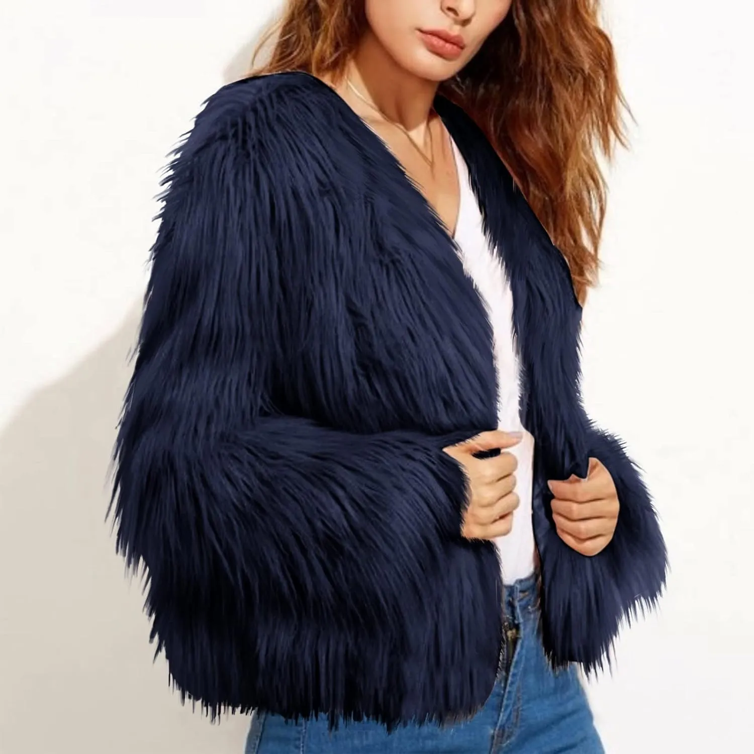 Winter Jackets for Women Open Front Faux Fur Coat Womens Fringe Jacket Fluffy Cardigan Long Sleeve Outwear Shaggy Jacket