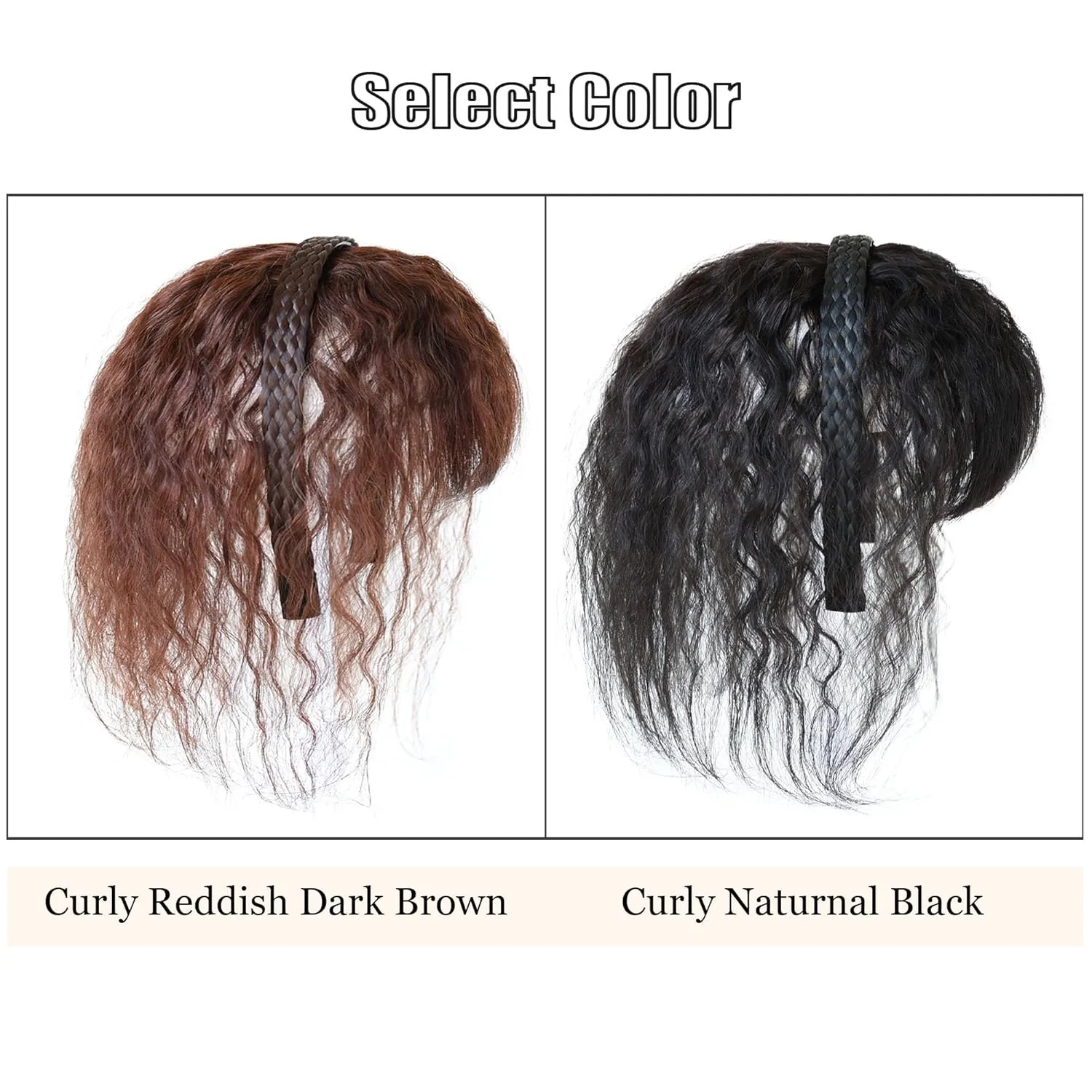 Women 10" Twist Braid Headband Straight Hairpieces Human Hair Clip In Topper Hair Extensions With Bangs Natural Black (Curly Natural Black)