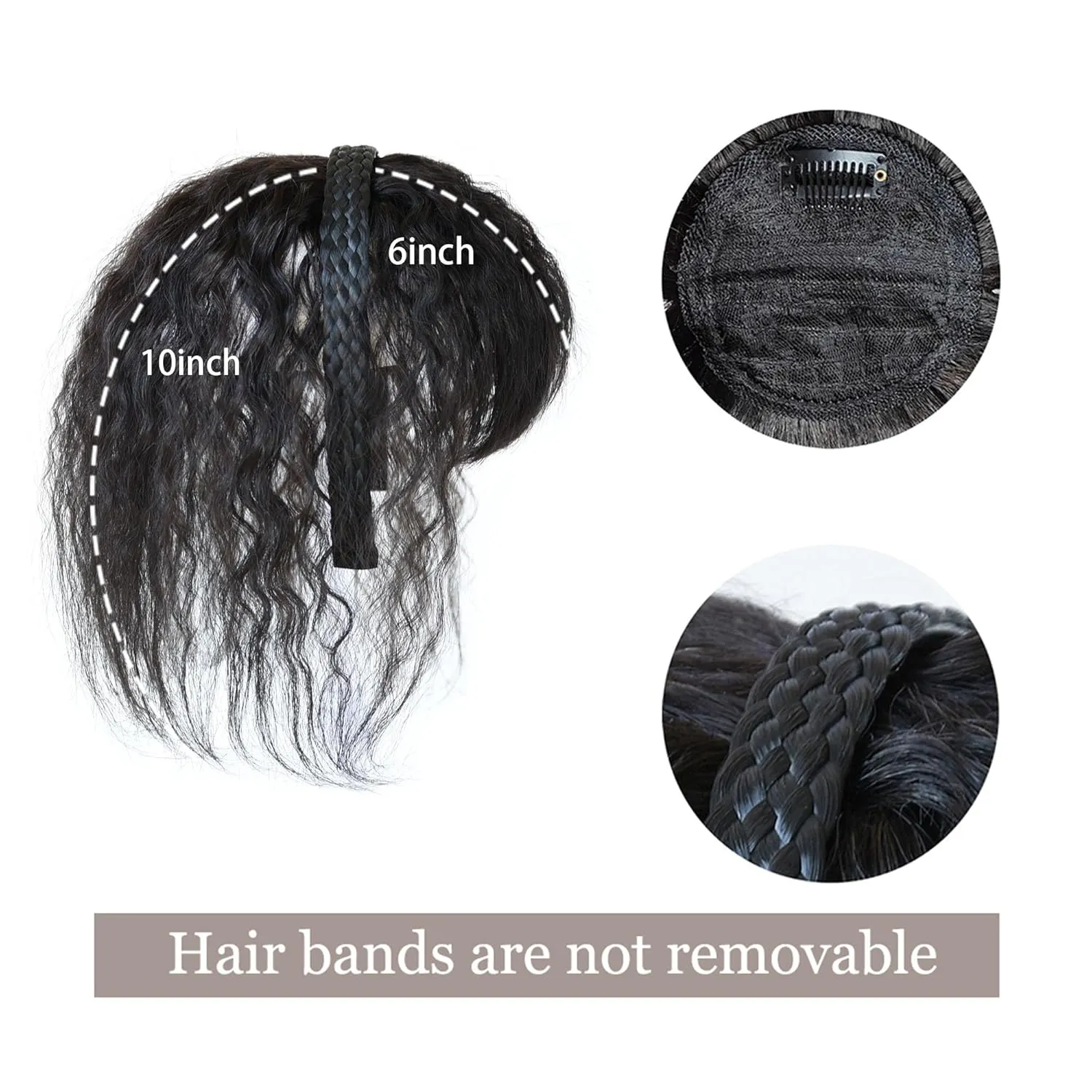 Women 10" Twist Braid Headband Straight Hairpieces Human Hair Clip In Topper Hair Extensions With Bangs Natural Black (Curly Natural Black)