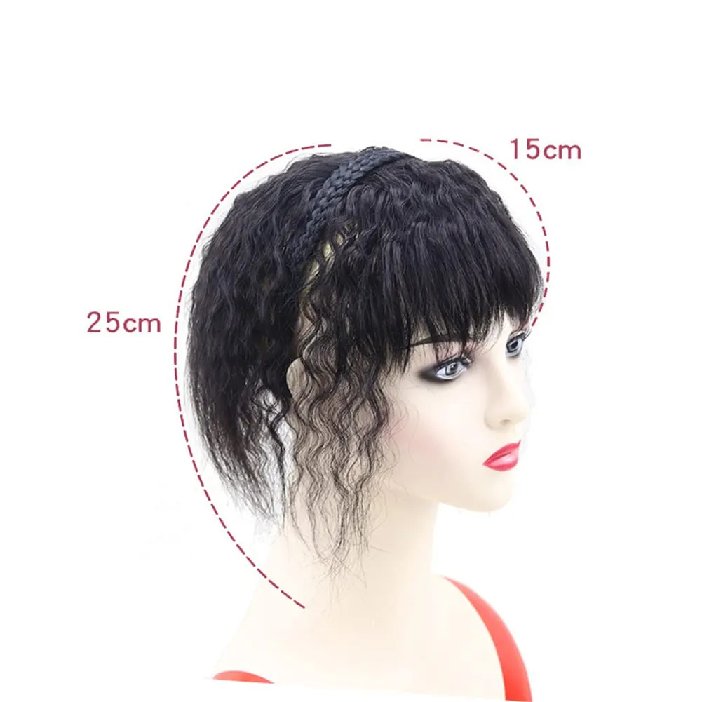 Women 10" Twist Braid Headband Straight Hairpieces Human Hair Clip In Topper Hair Extensions With Bangs Natural Black (Curly Natural Black)