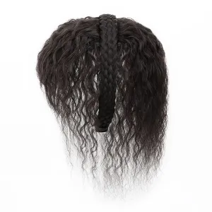 Women 10" Twist Braid Headband Straight Hairpieces Human Hair Clip In Topper Hair Extensions With Bangs Natural Black (Curly Natural Black)