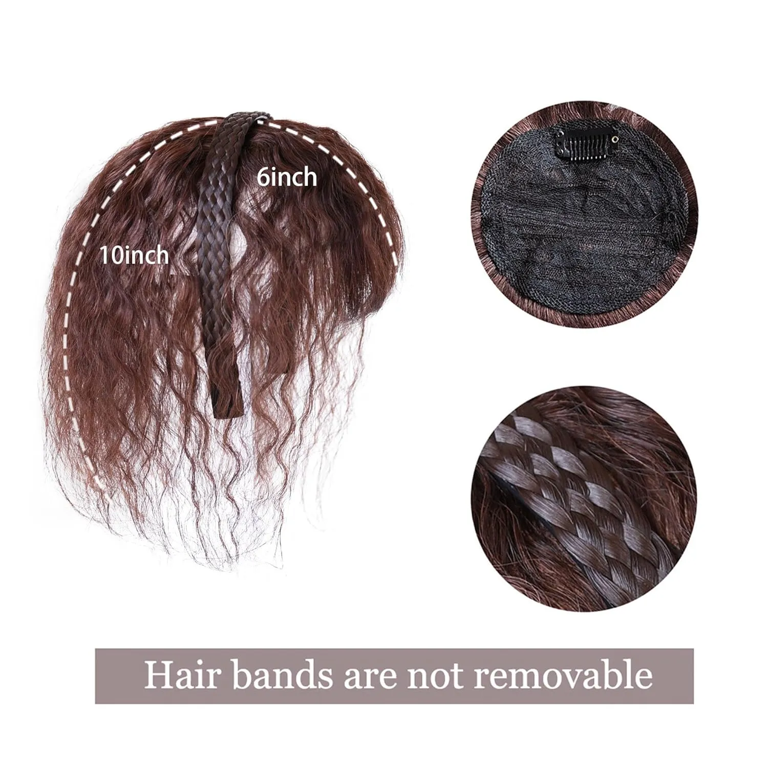 Women 10" Twist Braid Headband Straight Hairpieces Human Hair Clip In Topper Hair Extensions With Bangs Natural Black (Curly Reddish Dark Brown)