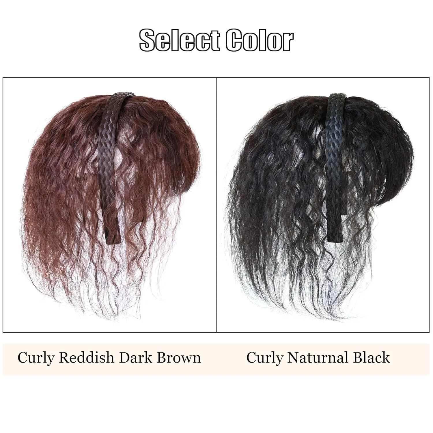 Women 10" Twist Braid Headband Straight Hairpieces Human Hair Clip In Topper Hair Extensions With Bangs Natural Black (Curly Reddish Dark Brown)