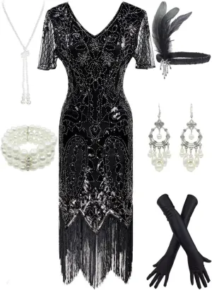 Women 1920s Gatsby Vintage Sequin Flapper Fringe Party Plus Dress with 20s Accessories Set