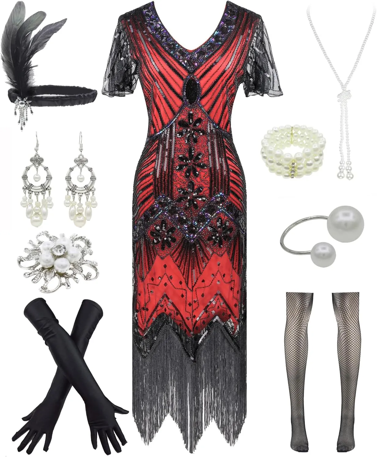 Women 1920s Gatsby Vintage Sequin Flapper Fringe Party Plus Dress with 20s Accessories Set