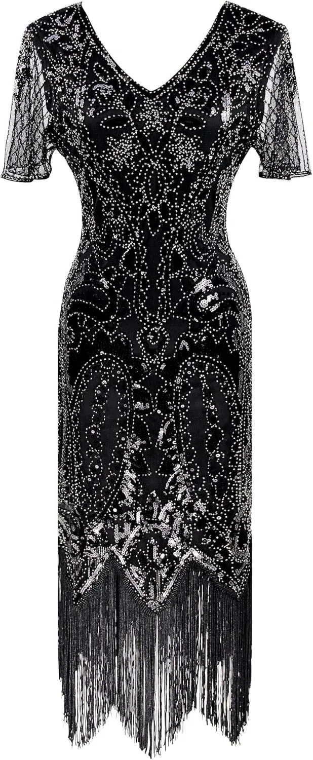Women 1920s Gatsby Vintage Sequin Flapper Fringe Party Plus Dress with 20s Accessories Set