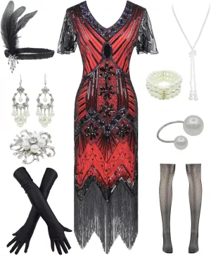 Women 1920s Gatsby Vintage Sequin Flapper Fringe Party Plus Dress with 20s Accessories Set