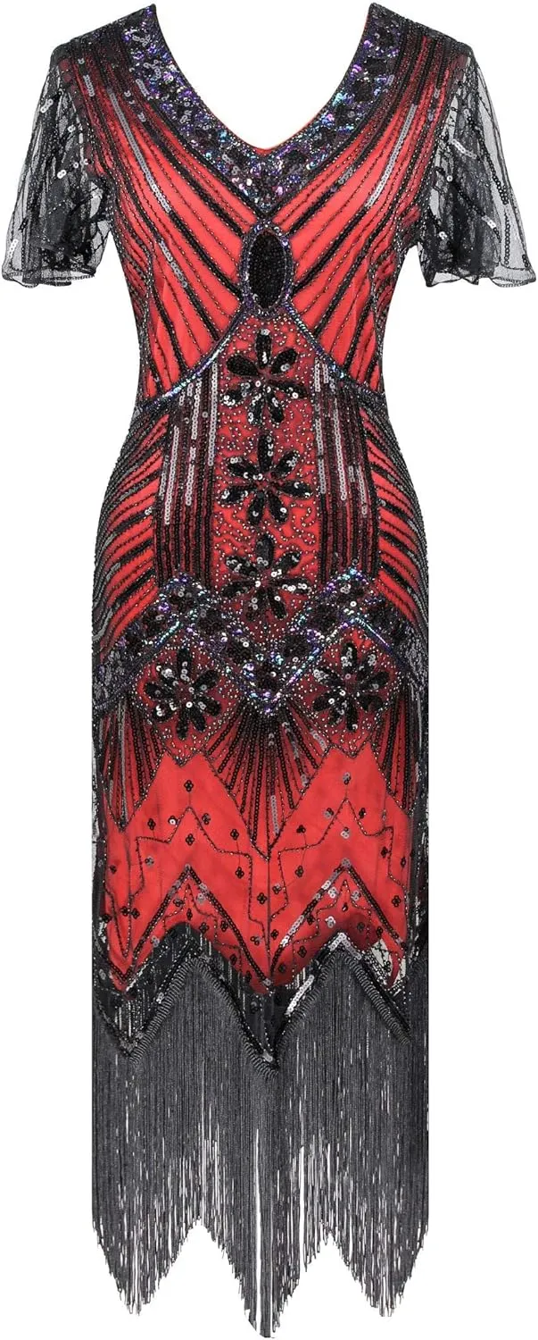 Women 1920s Gatsby Vintage Sequin Flapper Fringe Party Plus Dress with 20s Accessories Set