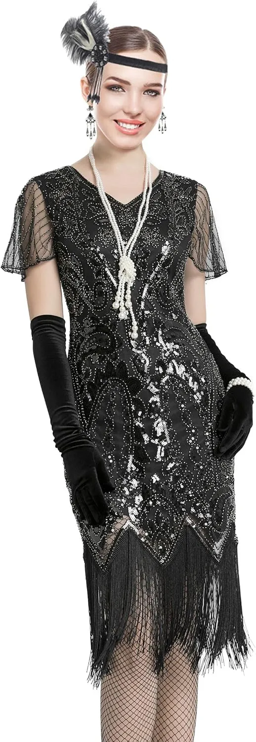Women 1920s Gatsby Vintage Sequin Flapper Fringe Party Plus Dress with 20s Accessories Set
