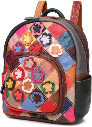 Women Colorful Flower Backpack Leather Multi-color Stitched Daypack Floral Patchwork Spring Summer Style Travel Rucksack