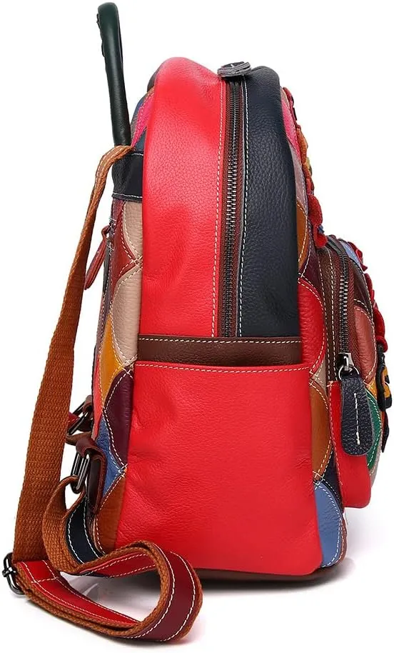 Women Colorful Flower Backpack Leather Multi-color Stitched Daypack Floral Patchwork Spring Summer Style Travel Rucksack