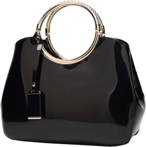 Women Elegant Handbag and Purse Top Handle Bag Patent Leather Tote Satchel Shoulder Clutch Crossbody Bag with Pendant Black