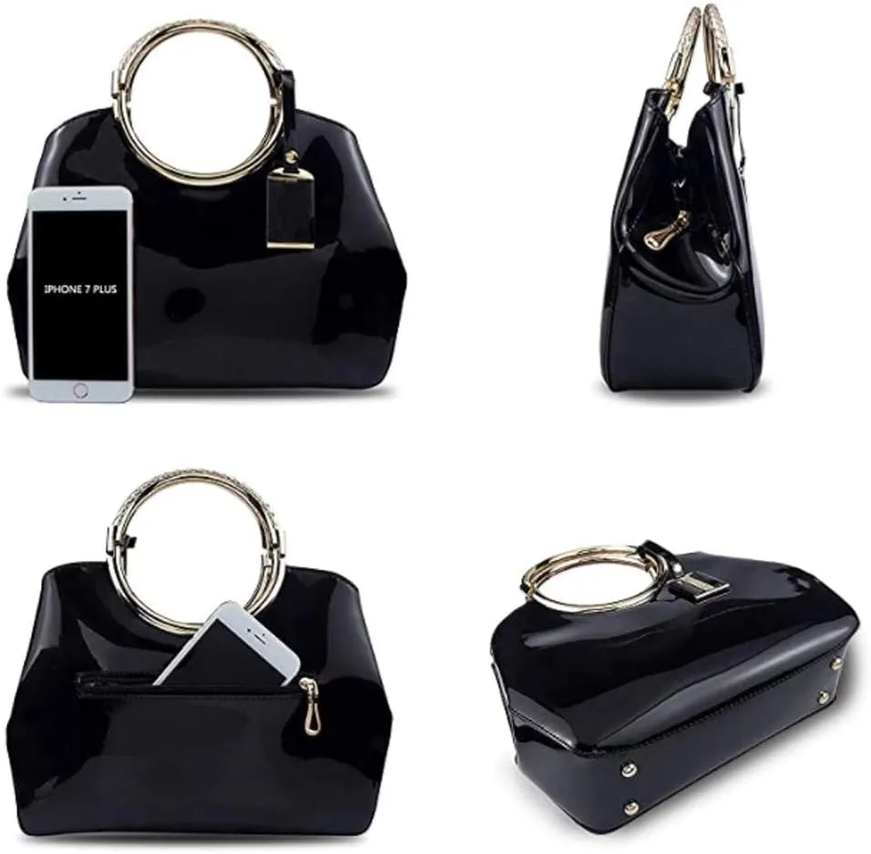 Women Elegant Handbag and Purse Top Handle Bag Patent Leather Tote Satchel Shoulder Clutch Crossbody Bag with Pendant Black