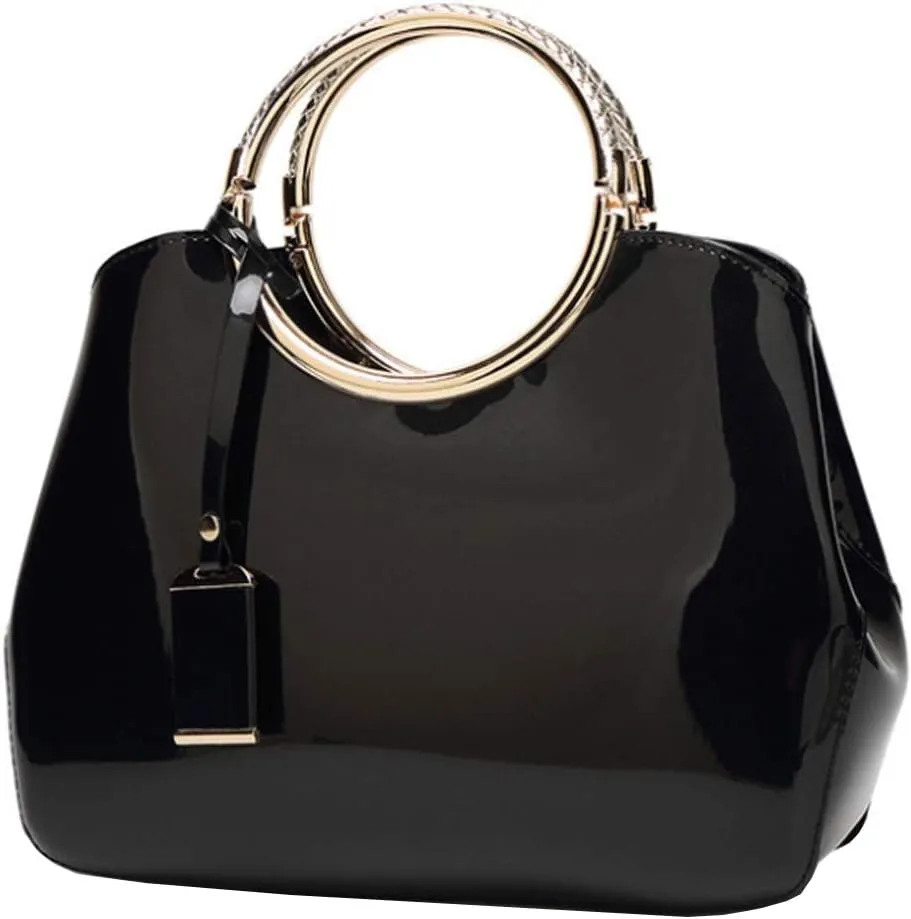 Women Elegant Handbag and Purse Top Handle Bag Patent Leather Tote Satchel Shoulder Clutch Crossbody Bag with Pendant Black