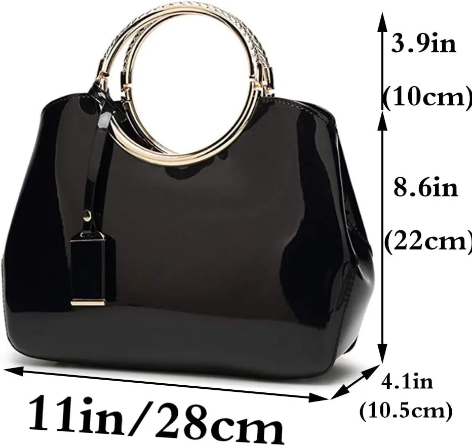 Women Elegant Handbag and Purse Top Handle Bag Patent Leather Tote Satchel Shoulder Clutch Crossbody Bag with Pendant Black