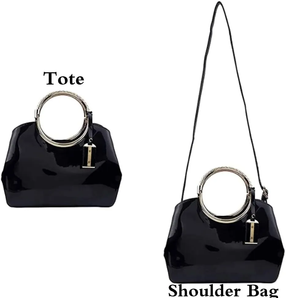 Women Elegant Handbag and Purse Top Handle Bag Patent Leather Tote Satchel Shoulder Clutch Crossbody Bag with Pendant Black