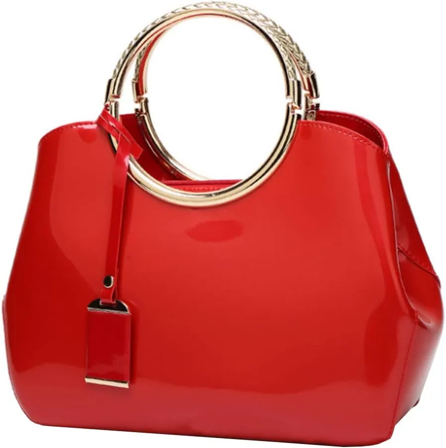 Women Elegant Handbag and Purse Top Handle Bag Patent Leather Tote Satchel Shoulder Clutch Crossbody Bag with Pendant Red