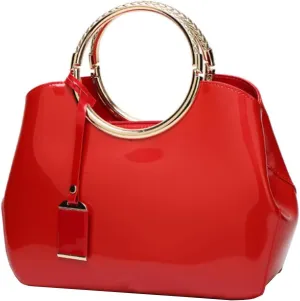 Women Elegant Handbag and Purse Top Handle Bag Patent Leather Tote Satchel Shoulder Clutch Crossbody Bag with Pendant Red