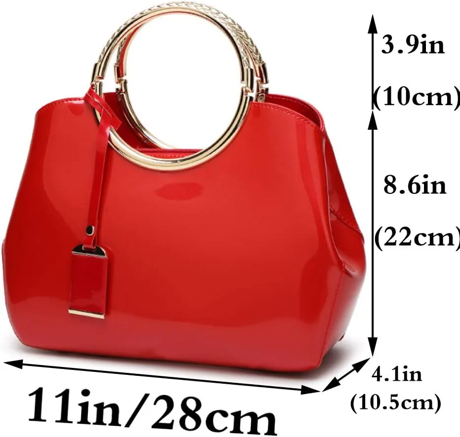 Women Elegant Handbag and Purse Top Handle Bag Patent Leather Tote Satchel Shoulder Clutch Crossbody Bag with Pendant Red
