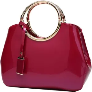 Women Elegant Handbag and Purse Top Handle Bag Patent Leather Tote Satchel Shoulder Clutch Crossbody Bag with Pendant Rose Red