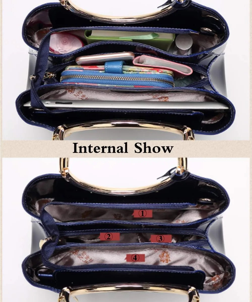 Women Elegant Handbag and Purse Top Handle Bag Patent Leather Tote Satchel Shoulder Clutch Crossbody Bag with Pendant Rose Red