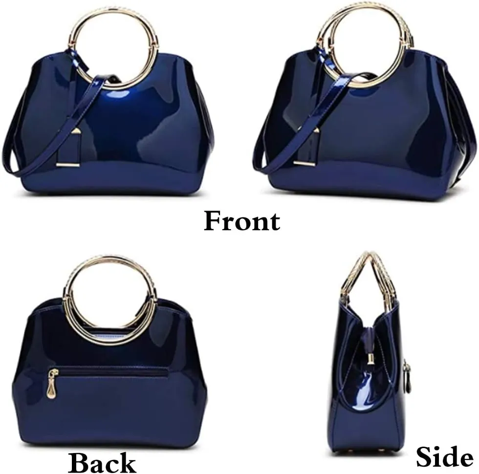 Women Elegant Handbag and Purse Top Handle Bag Patent Leather Tote Satchel Shoulder Clutch Crossbody Bag with Pendant Rose Red