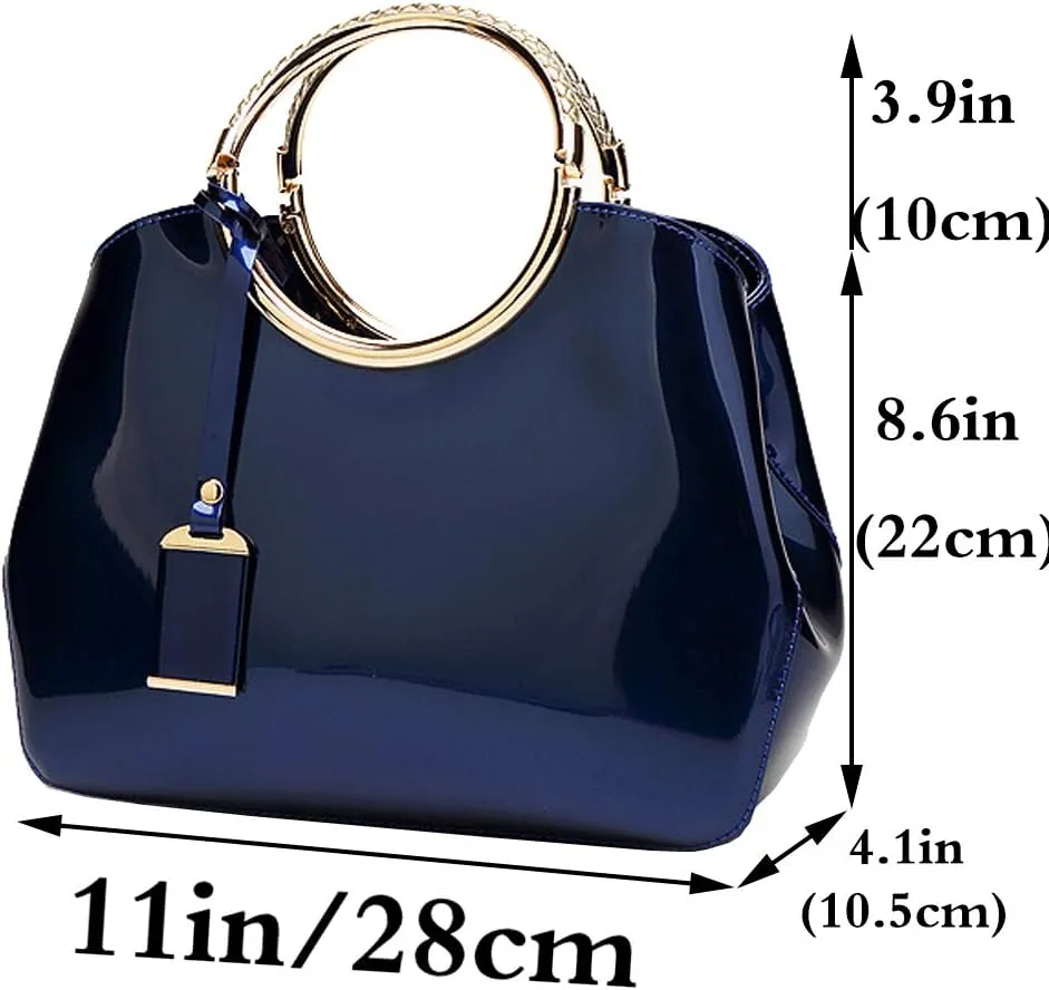 Women Elegant Handbag and Purse Top Handle Bag Patent Leather Tote Satchel Shoulder Clutch Crossbody Bag with Pendant Royal Blue