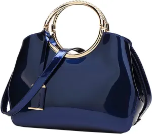 Women Elegant Handbag and Purse Top Handle Bag Patent Leather Tote Satchel Shoulder Clutch Crossbody Bag with Pendant Royal Blue