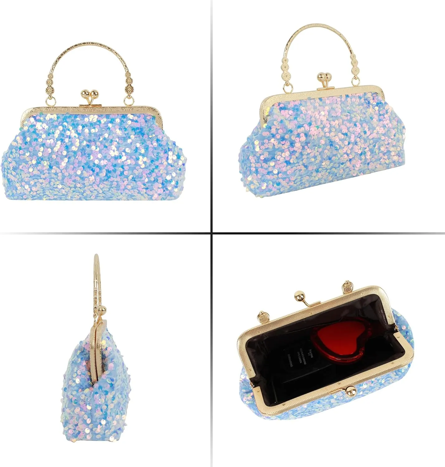 Women Mini Glitter Sequin Evening Handbag Clutch Metal Top-handle Bag Chain Strap Cross-body Bag