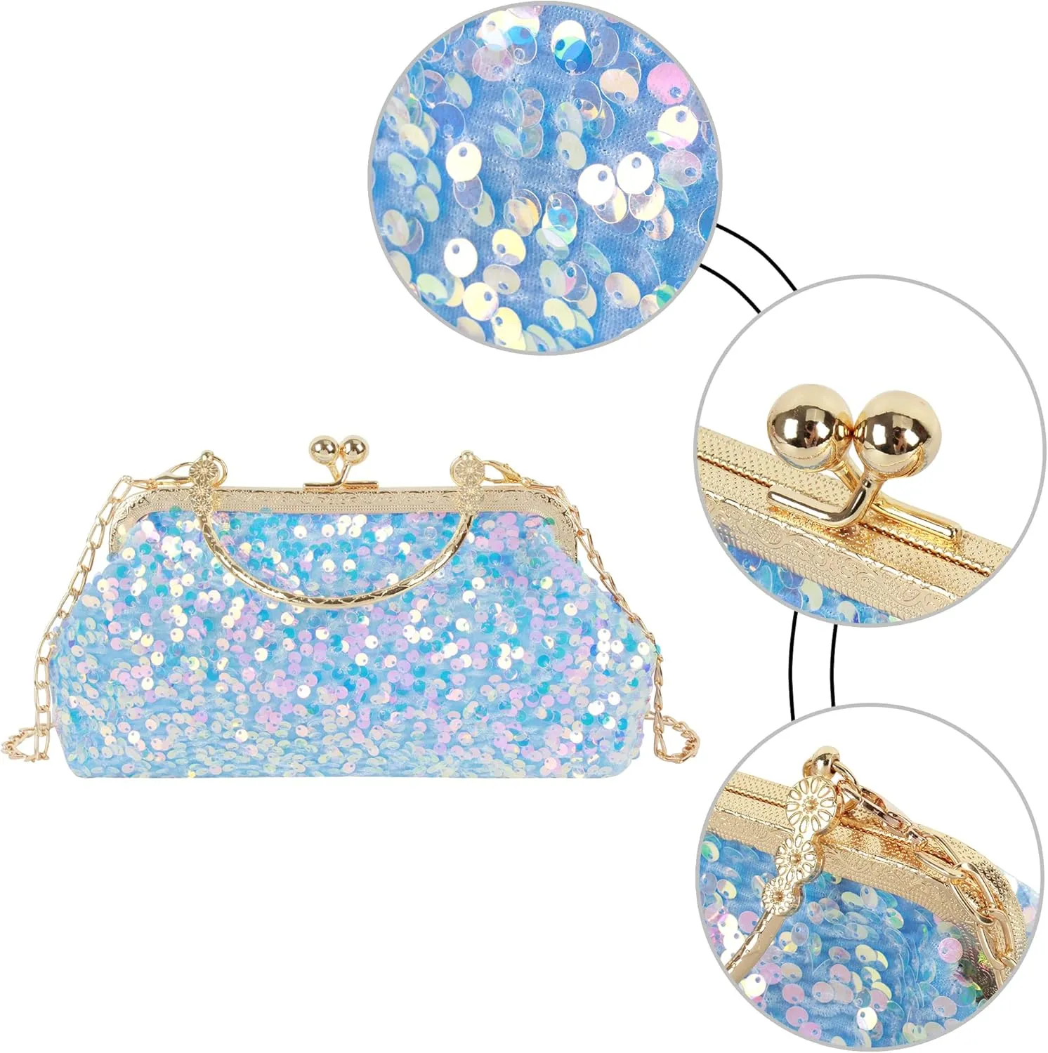 Women Mini Glitter Sequin Evening Handbag Clutch Metal Top-handle Bag Chain Strap Cross-body Bag