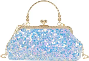 Women Mini Glitter Sequin Evening Handbag Clutch Metal Top-handle Bag Chain Strap Cross-body Bag
