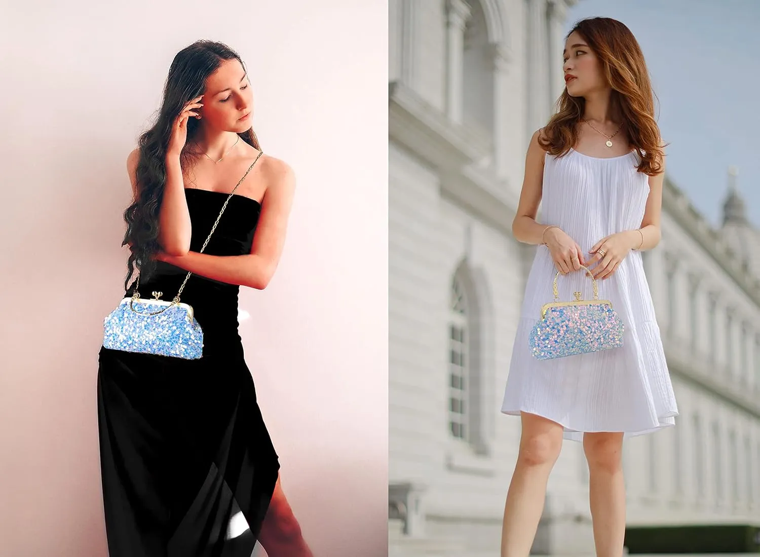 Women Mini Glitter Sequin Evening Handbag Clutch Metal Top-handle Bag Chain Strap Cross-body Bag