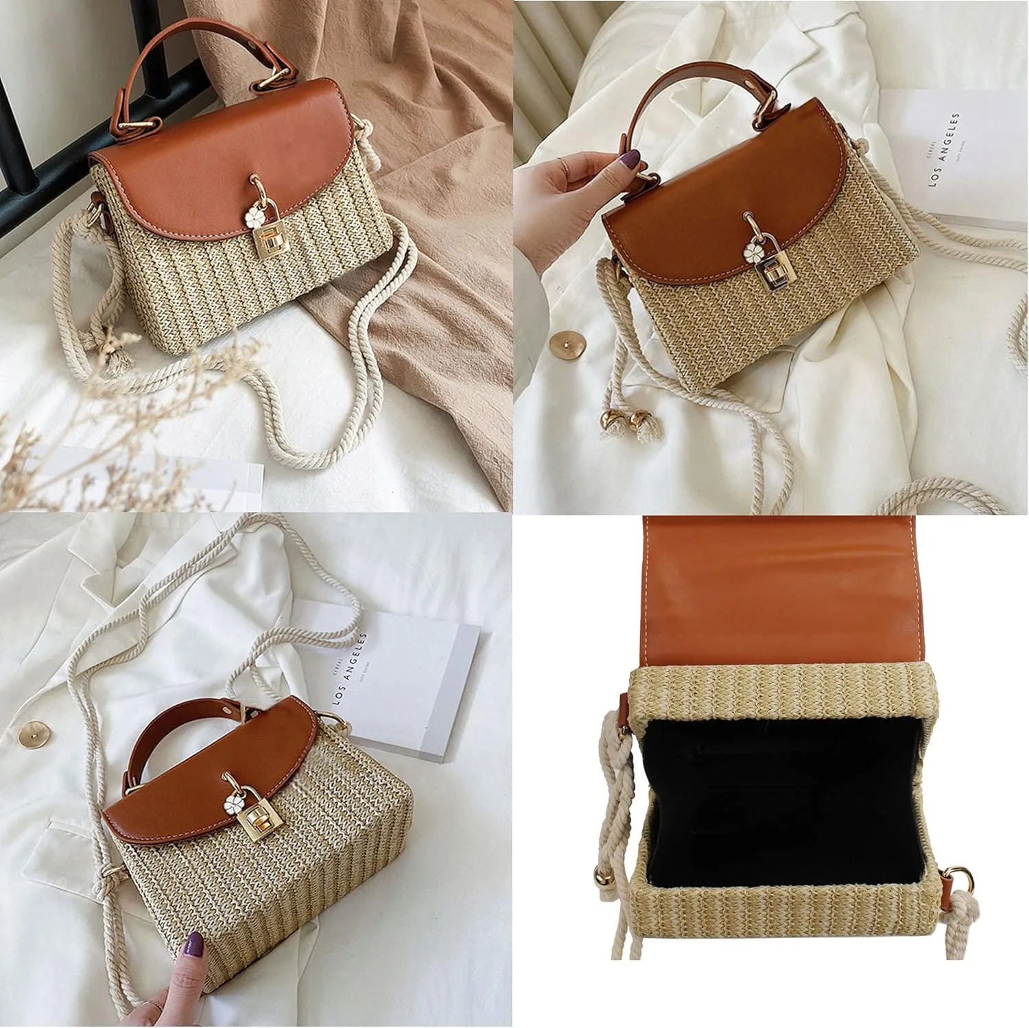 Women Mini Straw Woven Cross-body Shoulder Bag Top-handle Bag Handbag