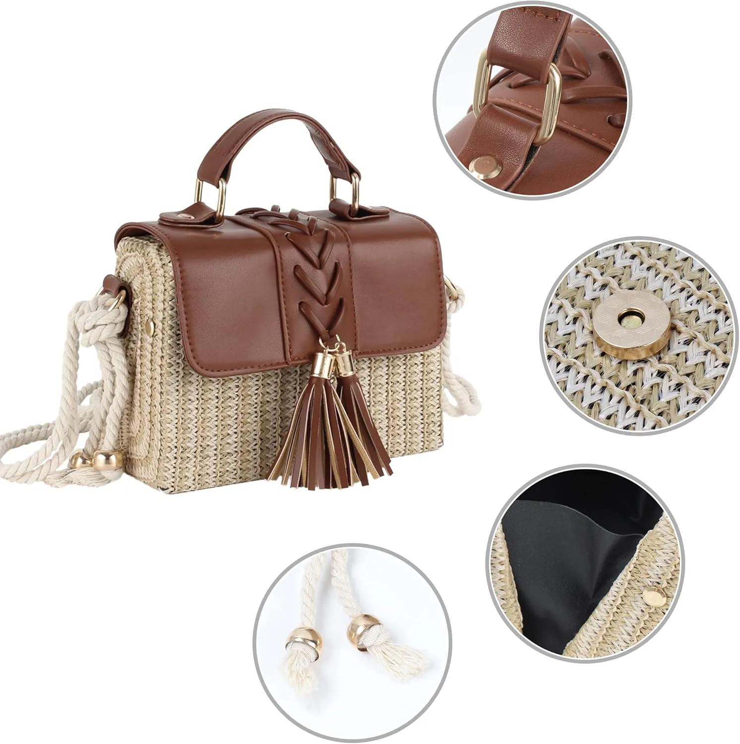 Women Mini Straw Woven Cross-body Shoulder Bag Top-handle Bag Handbag