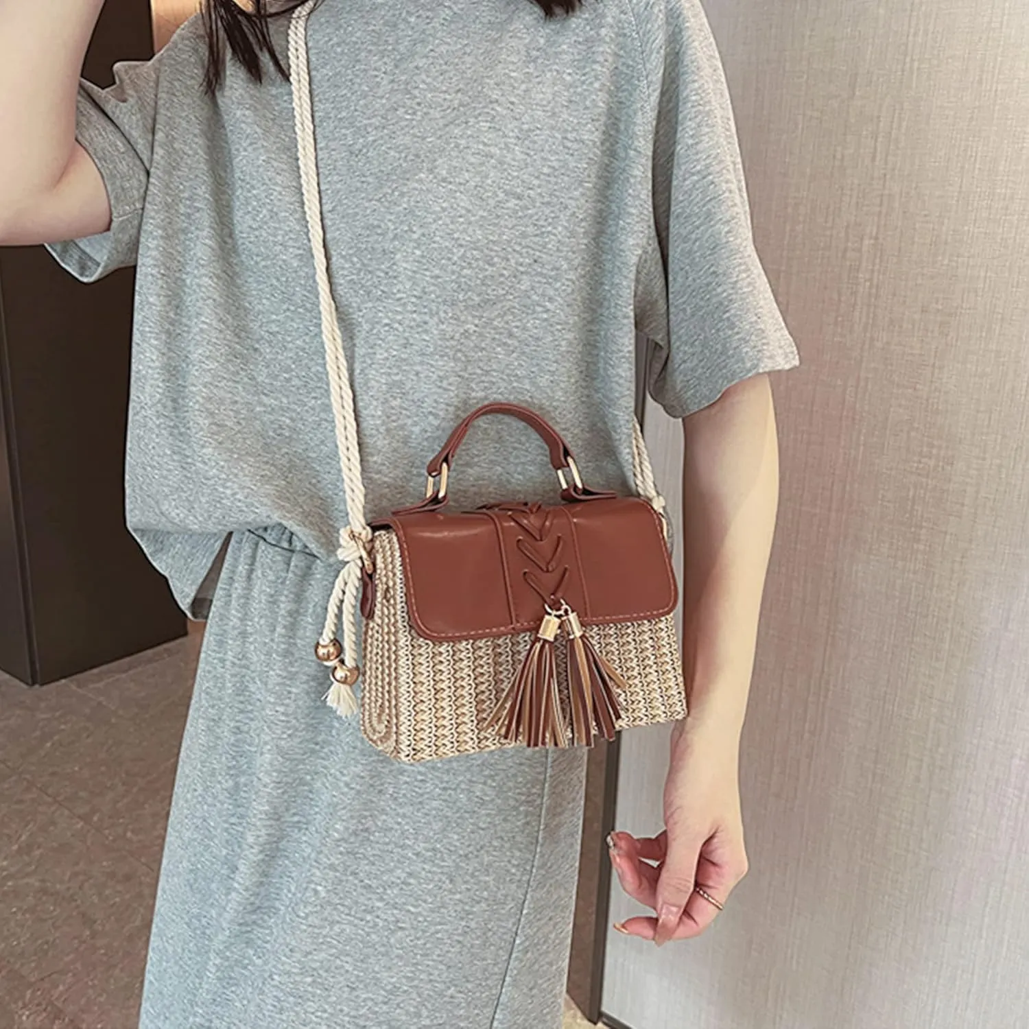 Women Mini Straw Woven Cross-body Shoulder Bag Top-handle Bag Handbag
