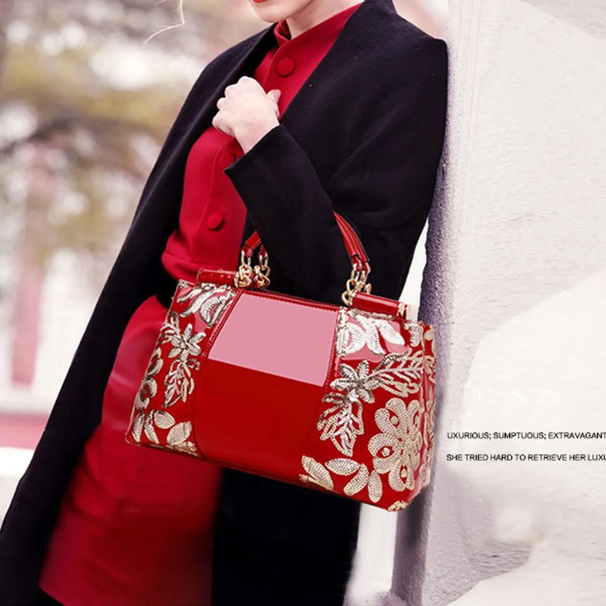 Women Patent Leather Fashion Handbags Double Sided Sequin Embroidery Shoulder Bag Top Handle Satchel Purse Black
