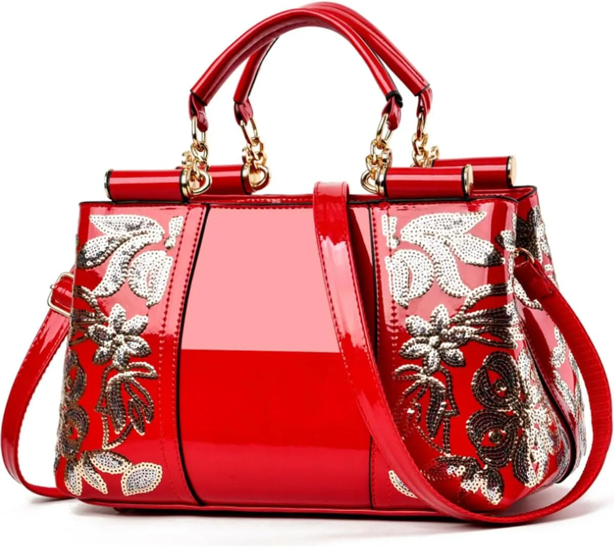 Women Patent Leather Fashion Handbags Double Sided Sequin Embroidery Shoulder Bag Top Handle Satchel Purse Black