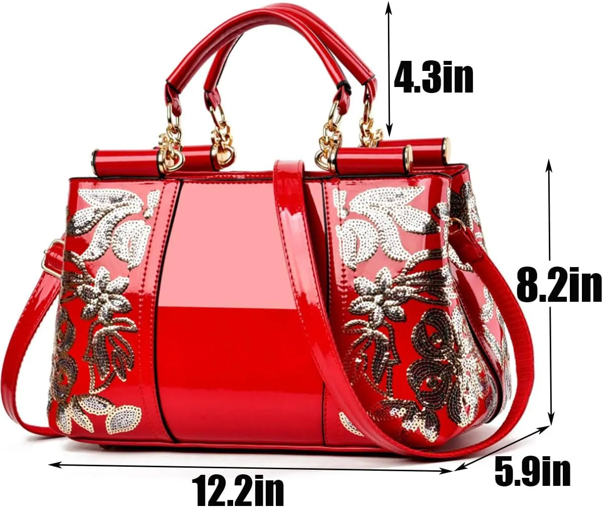 Women Patent Leather Fashion Handbags Double Sided Sequin Embroidery Shoulder Bag Top Handle Satchel Purse Black