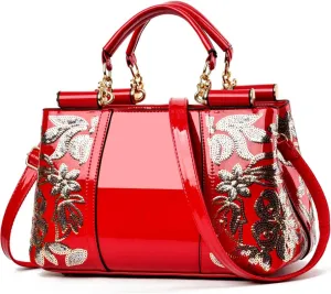 Women Patent Leather Fashion Handbags Double Sided Sequin Embroidery Shoulder Bag Top Handle Satchel Purse Black