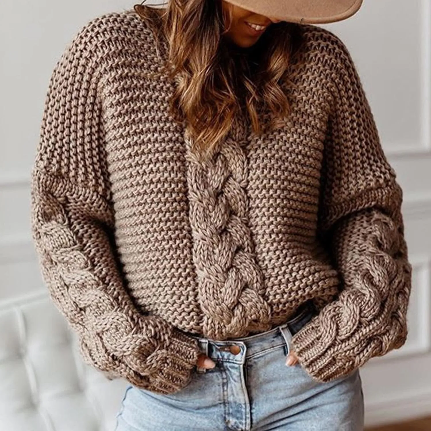 Women Solid Chunky Cable Knit Sweaters Pullover Fall Fashion 2023 Loose Winter Sweaters (Available in Plus Size)