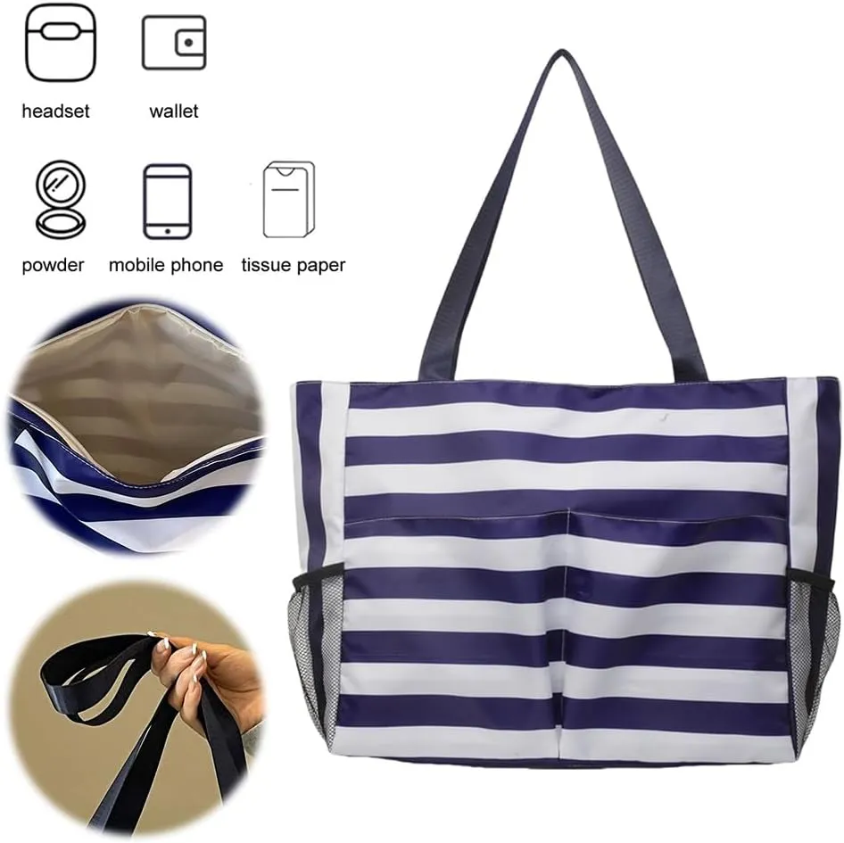 Women Striped Tote Bag Contrast Color Handbag Large Capacity Trendy Commuting Bag Multi-pockets Fashion Shoulder B
