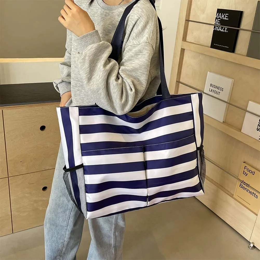 Women Striped Tote Bag Contrast Color Handbag Large Capacity Trendy Commuting Bag Multi-pockets Fashion Shoulder B